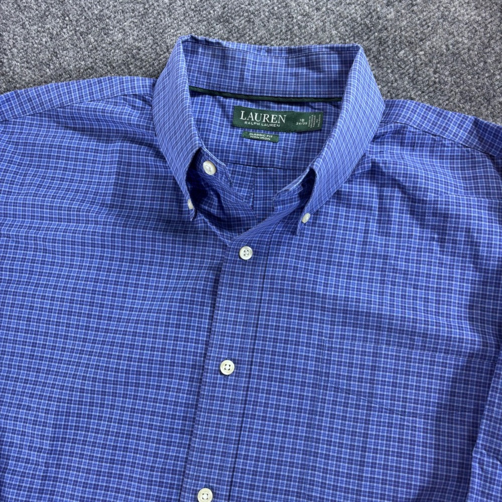 Lauren Ralph Lauren Shirt Men's 18 34/35 Blue Plaid Classic Fit Non Iron Button
